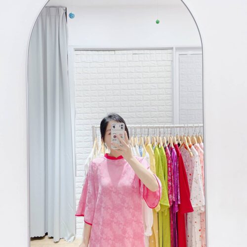 Áo dài hồng viền cổ và tay AD22