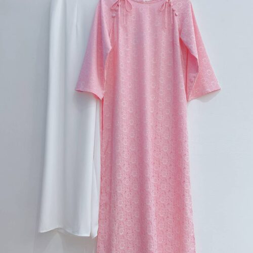 Áo dài hồng cổ tròn nơ 2 bên AD34