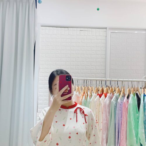 Áo dài big size phối cổ màu đỏ AD38