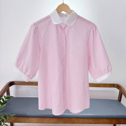 Áo sơ mi sọc hồng phối cổ trắng big size A77