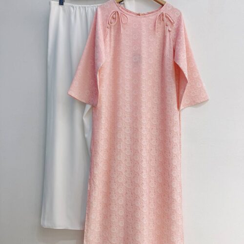 Áo dài bigsize hồng phấn cổ tròn nơ 2 bên AD45