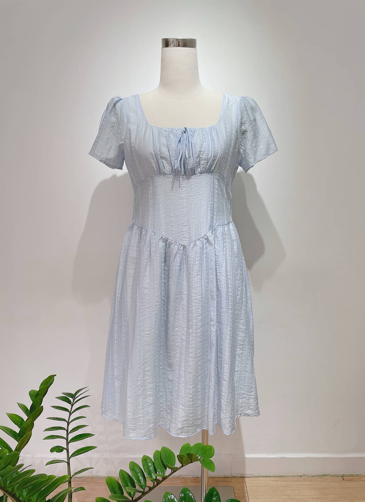 Đầm xanh pastel cổ vuông thắt nơ big size D123